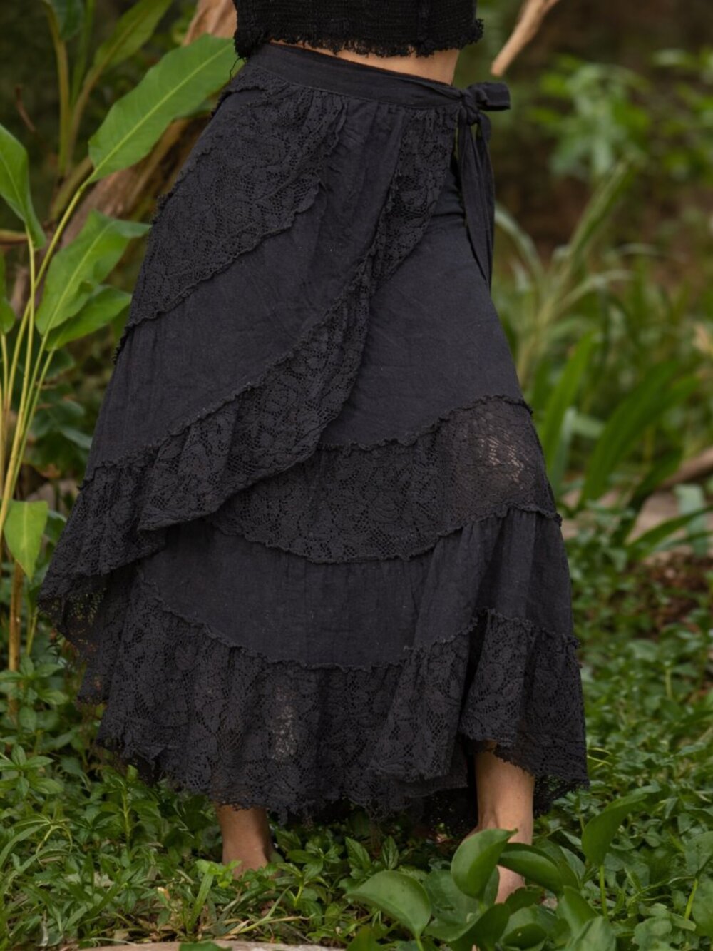 Boho Ruffle Lace Trim Wrap Skirt Goth Ruffle Gray Black Bohemian Hippie Style